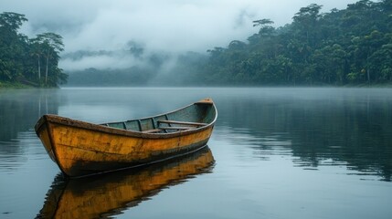 Naklejka premium Solitary wooden boat on a misty lake in a lush jungle.