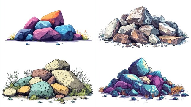 Four piles of colorful cartoon rocks isolated on white.