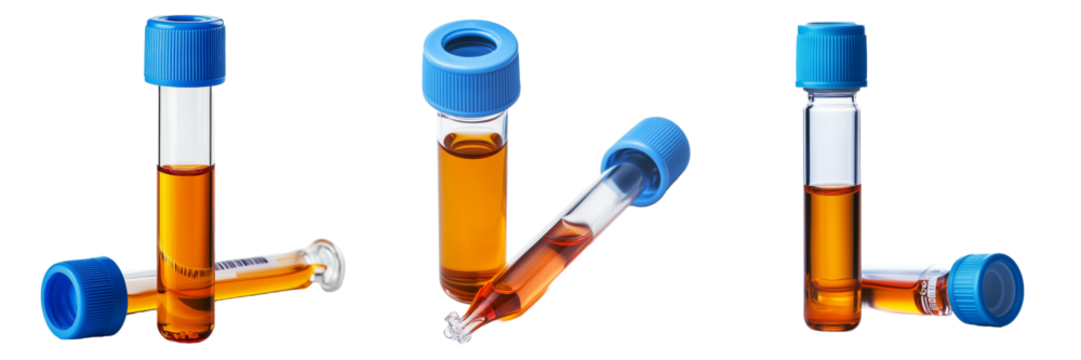 Collection of amber liquid samples in clear glass test tubes with blue screw caps isolated on transparent Background - Powered by Adobe