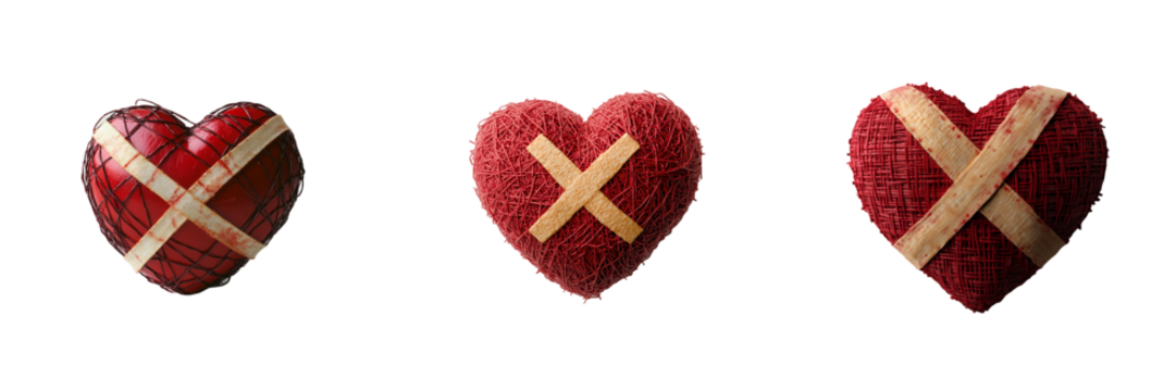 Three Broken Hearts Mending Concept Red Woven Hearts with Bandages X Mark isolated on transparent Background - Powered by Adobe