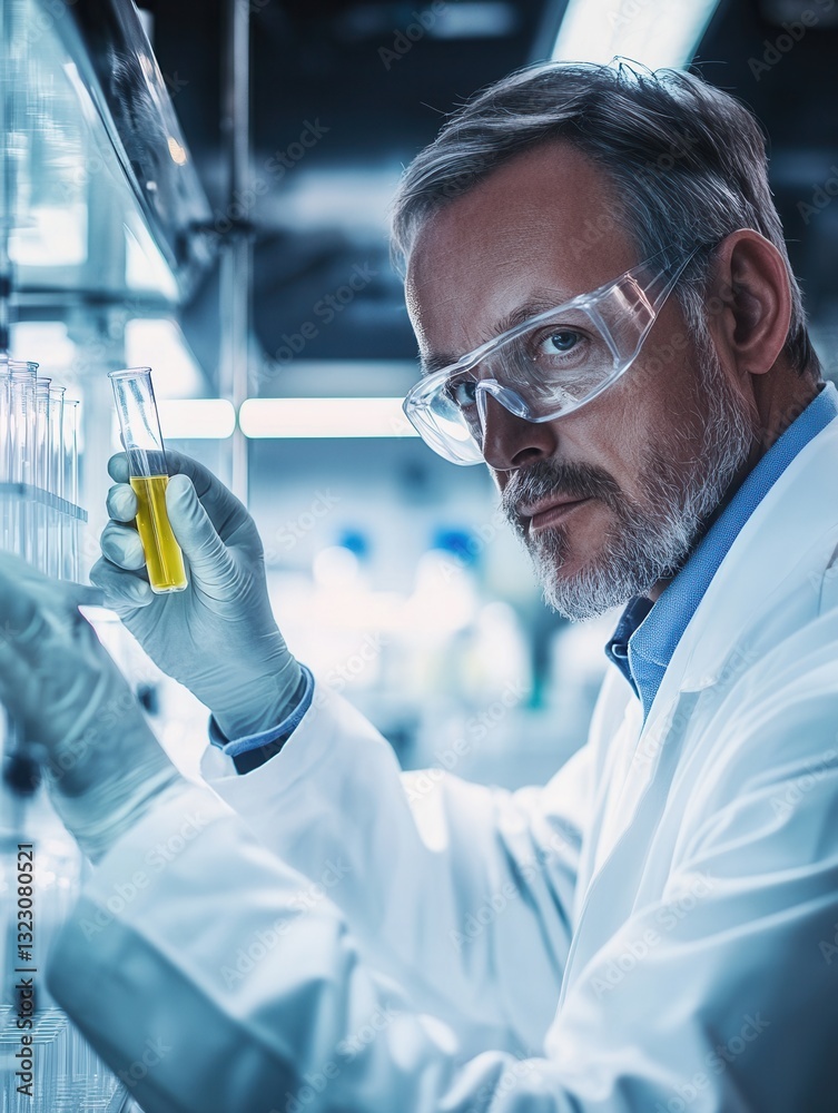 Leinwandbilder scientist examines yellow liquid in a test tube while working in a modern laboratory with advanced t