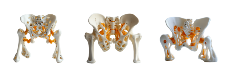 Three Dimensional Printed Model of Human Pelvis with Ligaments and Implants Detailed Anatomy Views isolated on transparent Background
