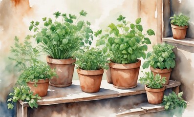 Fototapeta premium Watercolor illustration of potted herbs on a rustic wooden shelf