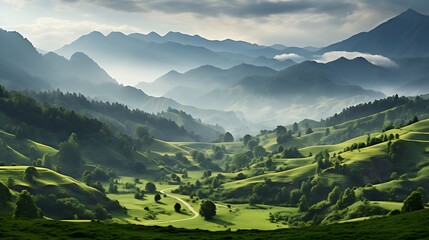 Serene Mountain Valley Panorama: A Breathtaking View of Rolling Hills and Misty Peaks