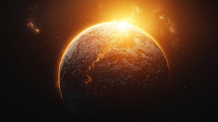 Naklejka premium Fiery sunrise over a textured planet in space.