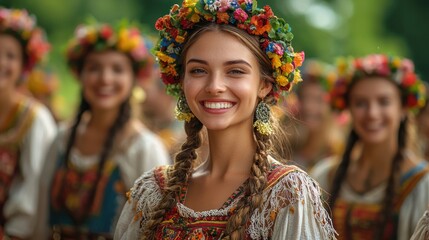 Smiling woman in traditional Ukrainian folk costume with flower crown.