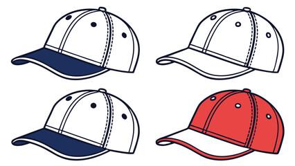Black and white baseball cap vector illustration set, hand-drawn sports hat clipart, classic snapback and striped cap design for apparel, branding, and fashion graphics
