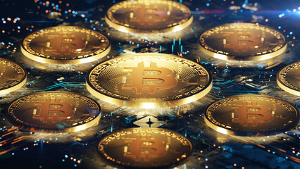 many bitcoins and a circuit board