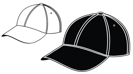 Black and white baseball cap vector illustration set, hand-drawn sports hat clipart, classic snapback and striped cap design for apparel, branding, and fashion graphics
