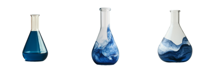 Three Glass Erlenmeyer Flasks with Blue Liquid Ink Swirls Artistic Science Chemistry Experiment isolated on transparent Background