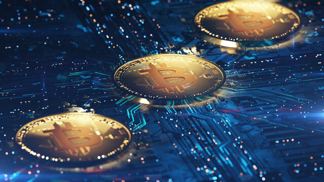 Bitcoins  on a circuit board