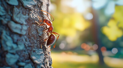 Detailed Close up of a Red Wood Ant Climbing Tree Bark in Sunny Nature
