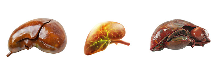 Obraz premium Three Dimensional Models of Human Liver Anatomy Showing Different Views and Internal Structures isolated on transparent Background