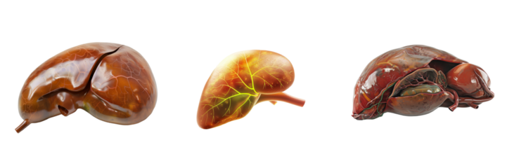 Three Dimensional Models of Human Liver Anatomy Showing Different Views and Internal Structures isolated on transparent Background