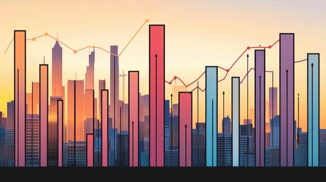 Colorful City Skyline at Sunset with Financial Growth Chart Overlay