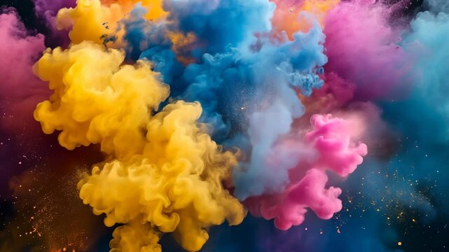 Colorful clouds of powder create a stunning display in a vibrant and artistic setting