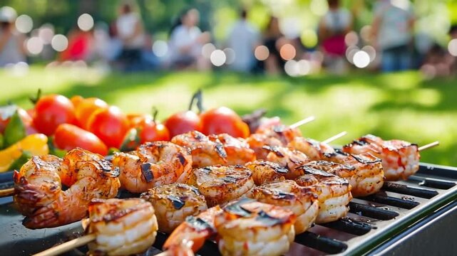 Delicious grilled shrimp skewers cooking on an outdoor barbecue grill. Fresh vegetables in the background, suggesting a vibrant picnic setting. Perfect for summer cookouts