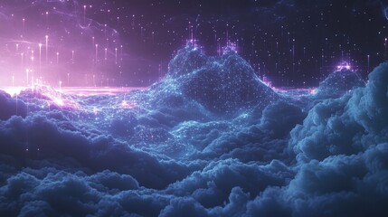 Digital Mountain Range Above Cloudscape at Night