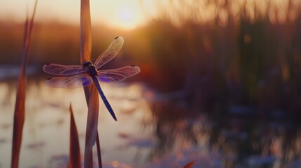Dragonfly at Sunset Nature Photography Insect Wildlife Pond Golden Hour