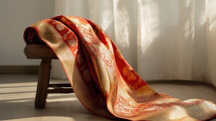 Bright red and gold sari elegantly draped on a simple wooden stand, light background.