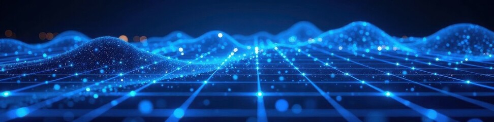 Obraz premium Glowing blue grid sparks, dynamic futuristic landscape, design, reality, illustration