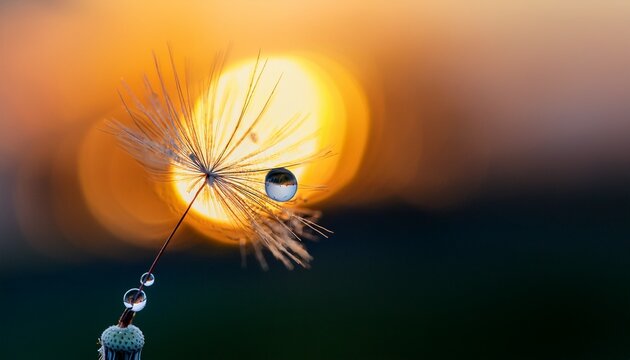 macro nature beautiful dew drops on dandelion seed macro beautiful soft sunset background water drops on parachutes dandelion copy space soft focus on water droplets abstract background