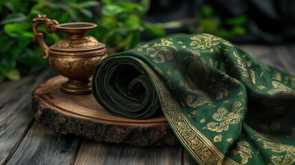 Elegant green and gold sari arranged neatly on a wooden stand with a serene light background.