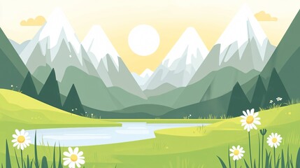 Obraz premium Mountain Day-Majestic Mountain Range with Snow Peaks Lush Valleys and River Reflecting Sunrise Glow