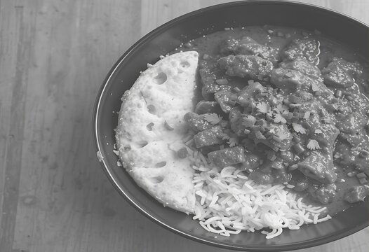 Hot and sweet beef roast / meat curry and Kerala paratha / parotta flatbread made of Maida / whole wheat flour Delhi India. Popular North Indian side dish for chapati, fried rice, roti, paratha, naan.