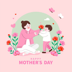 Mother's Day - A Loving Son Gifting a Carnation to His Happy Mom