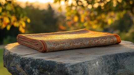 Orange and gold sari placed carefully on a wooden display stand, with a soft light background.