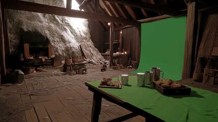 Rustic attic set, greenscreen backdrop, snowy window, food, film