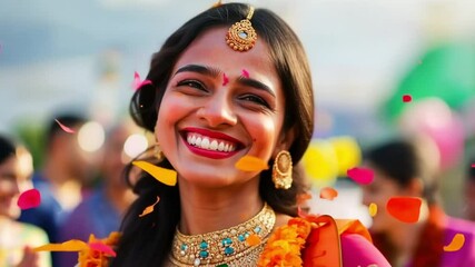 Young indian woman wearing traditional clothes, smiling and throwing yellow flower petals at a festival