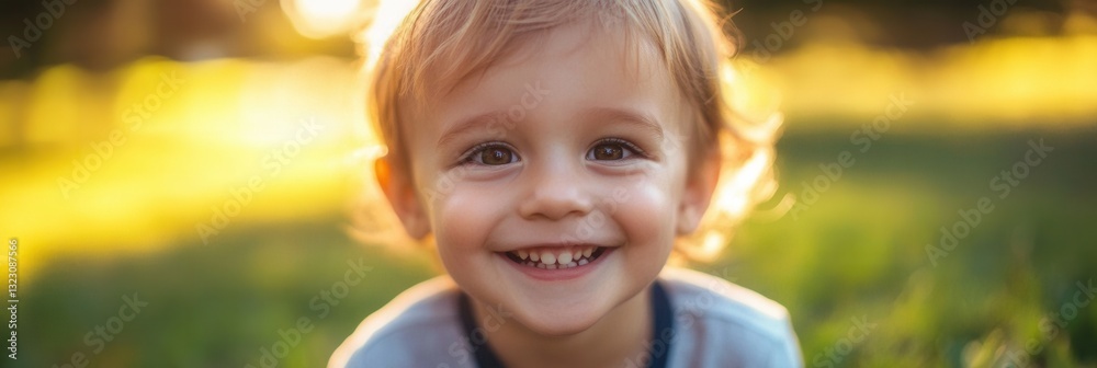 Poster Smiling child enjoying a sunny day in the park with vibrant green grass in the background