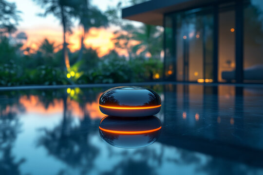 sleek robotic cleaner efficiently sanitizing outdoor spaces at sunset, showcasing modern technology and design. serene environment enhances its functionality