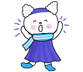 うれしそうに笑顔で両手をあげる白ネコ