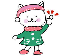 冬の日にいいねと親指をあげる白ネコ