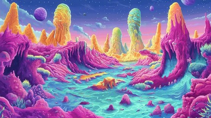 Alien Planet Vibrant Landscape With Unique Rock Formations