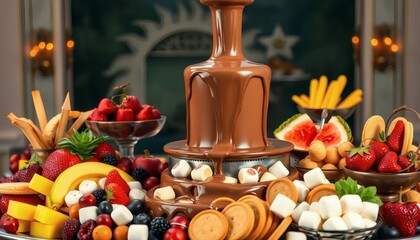 Chocolate Fountain Dessert Buffet with Strawberries Marshmallows and Fruits