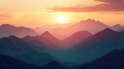 Obraz premium Serene Sunset Over Majestic Mountain Range in Soft Pastel Hues