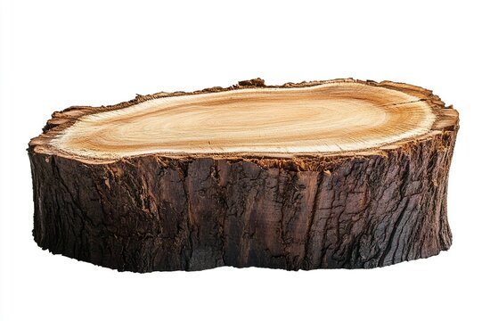 Rustic wooden slice, tree trunk cross-section, isolated on white.