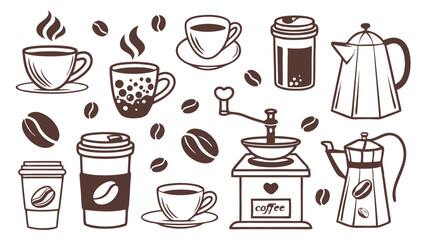 Vintage Coffee Icons Set – Hand-Drawn Coffee Cups, Beans, Grinders, and Brewing Equipment in Retro Style