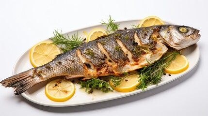 lemon cooked fish white background