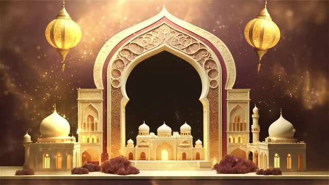 A serene wedding backdrop with a mosque and golden lights, perfect for Islamic ceremonies.