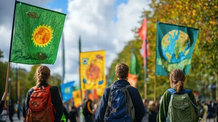 Climate repair campaign banners calling for action city park protest event outdoor gathering eye-level view