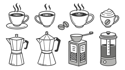 Vintage Coffee Icons Set – Hand-Drawn Coffee Cups, Beans, Grinders, and Brewing Equipment in Retro Style