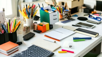 Creative workspace setup office desk arrangement bright environment overhead view productivity inspiration