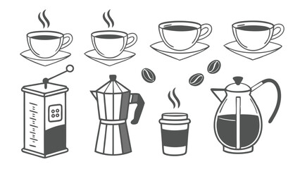 Vintage Coffee Icons Set – Hand-Drawn Coffee Cups, Beans, Grinders, and Brewing Equipment in Retro Style