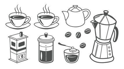 Vintage Coffee Icons Set – Hand-Drawn Coffee Cups, Beans, Grinders, and Brewing Equipment in Retro Style