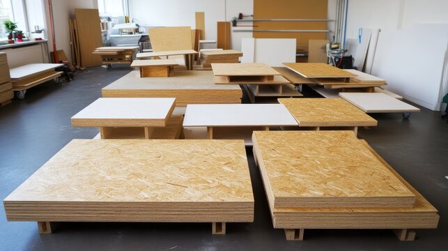 A DIY OSB furniture project with raw boards being cut and assembled.
